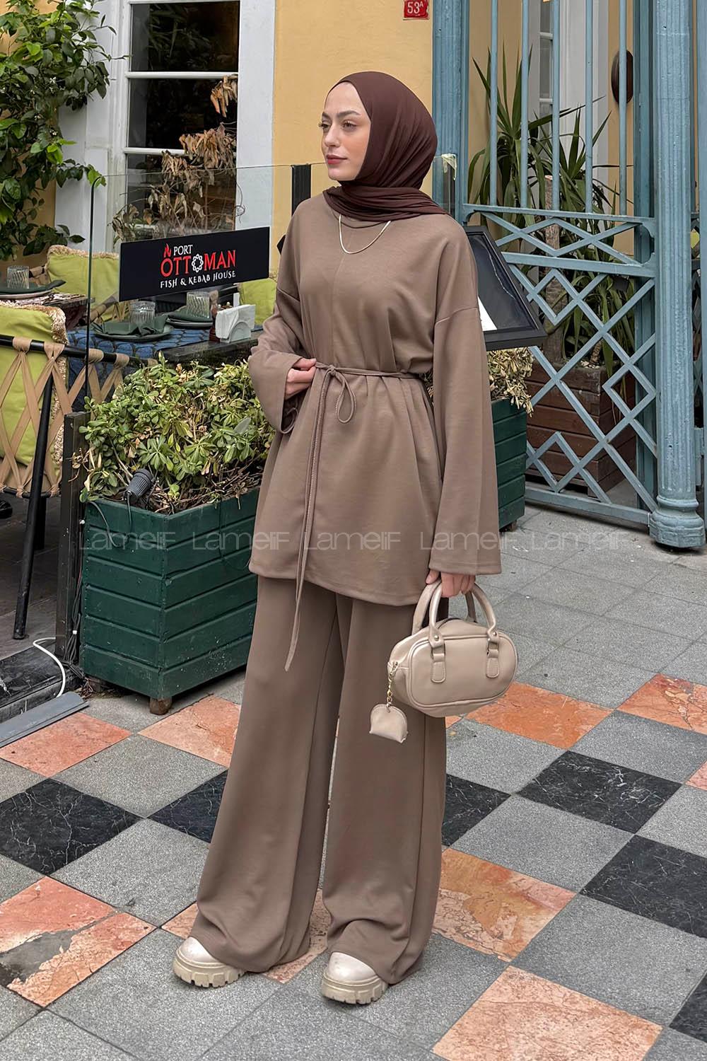 Lamelif Yırtmaçlı İkili Takım Soft Kahve