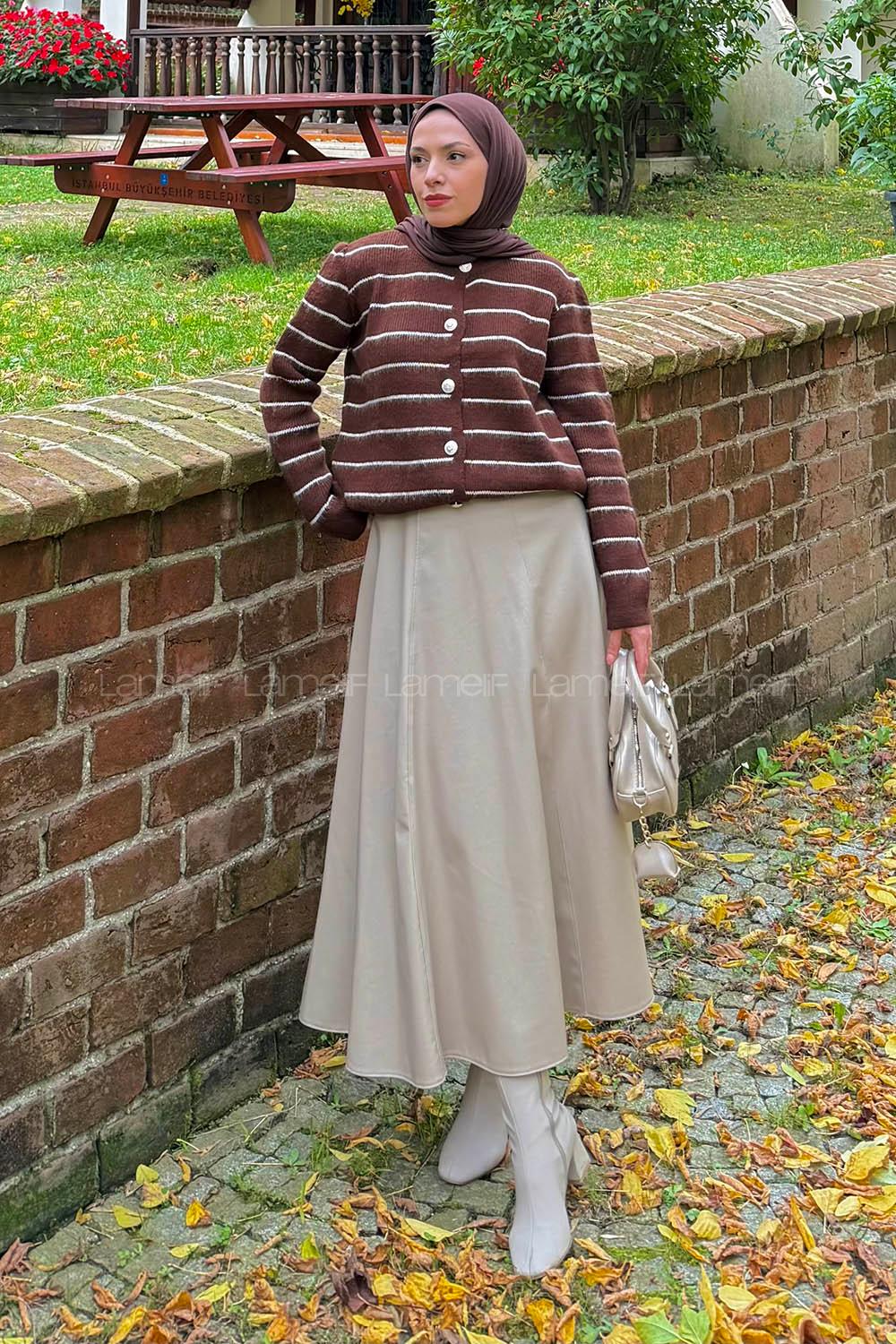 Lamelif Çizgi Detaylı Hırka Acı Kahve