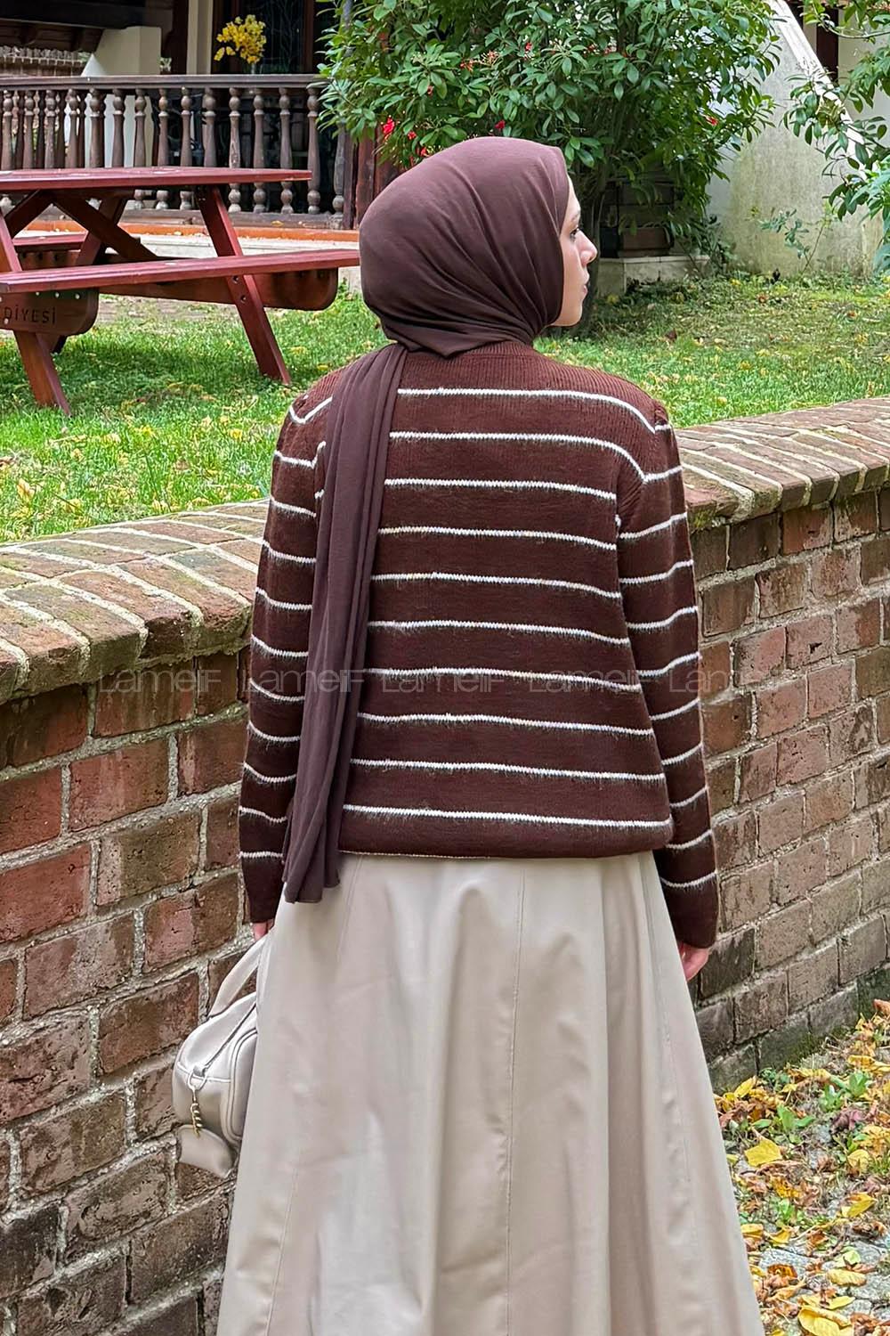 Lamelif Çizgi Detaylı Hırka Acı Kahve