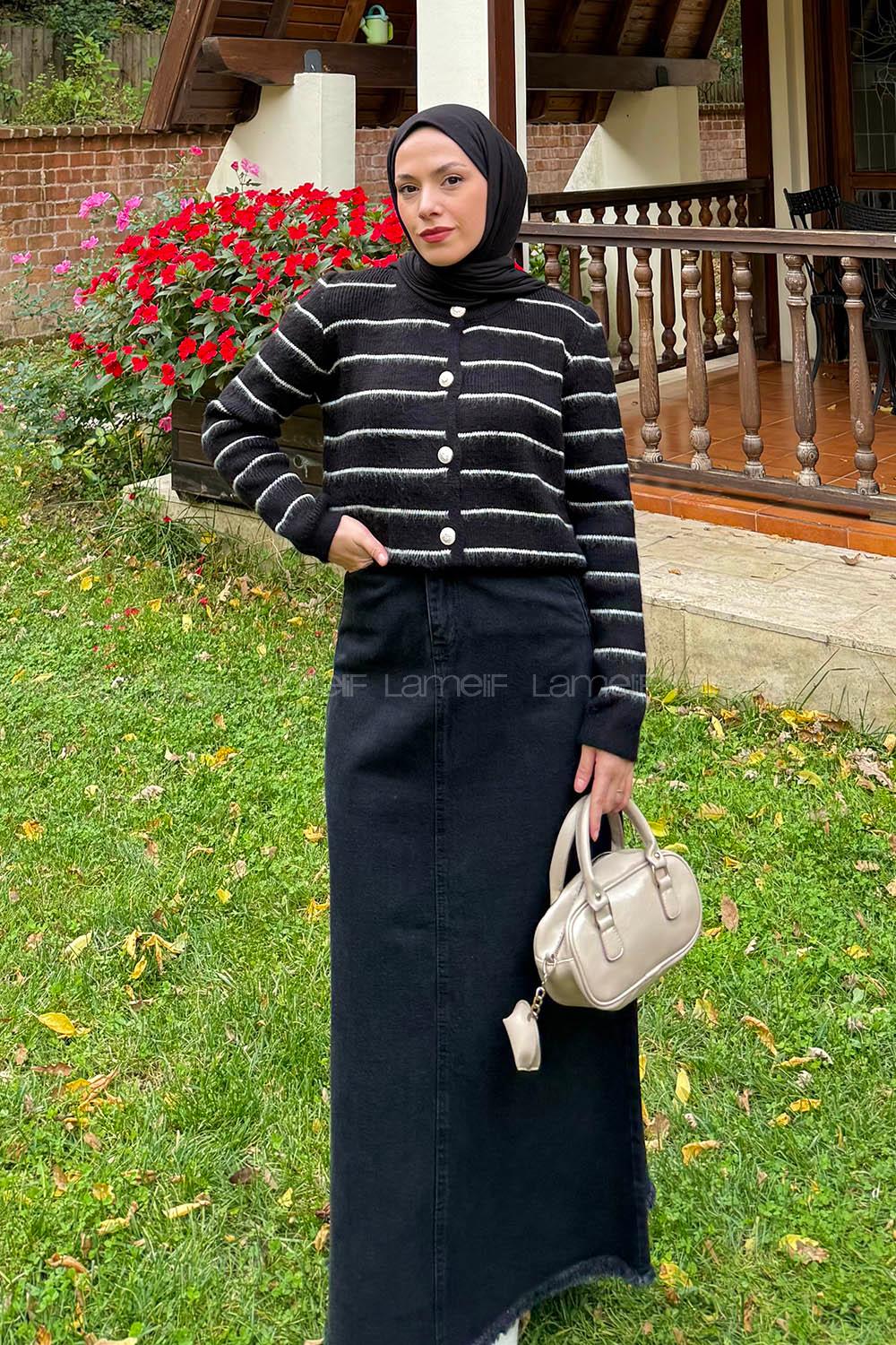 Lamelif Çizgi Detaylı Hırka Siyah