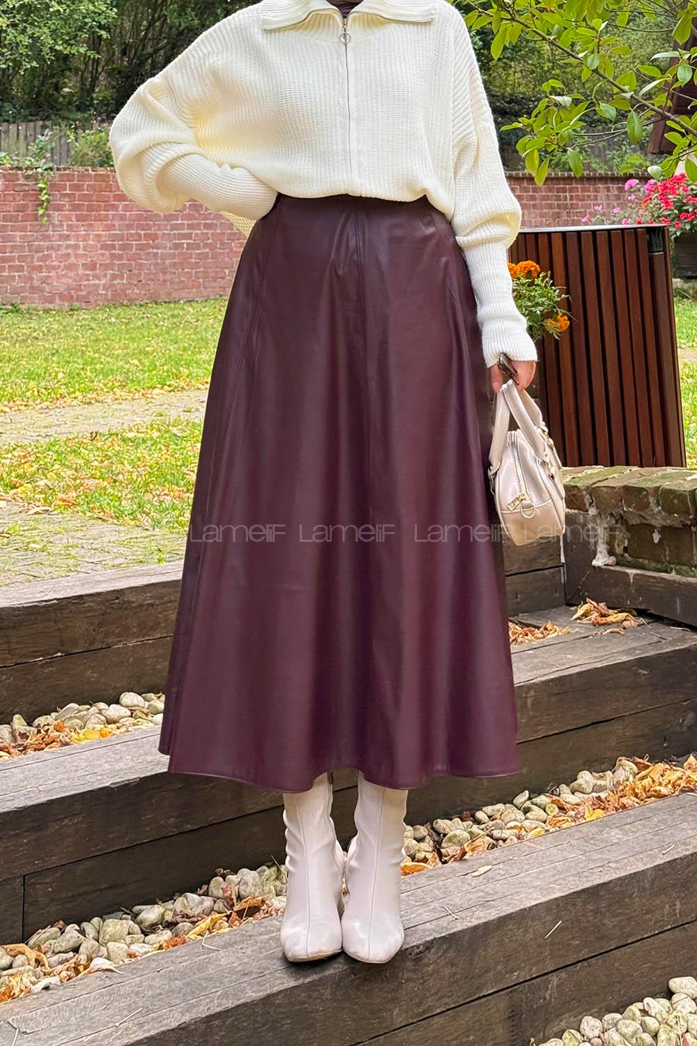 Claret Red Skin Flared Skirt Skirt