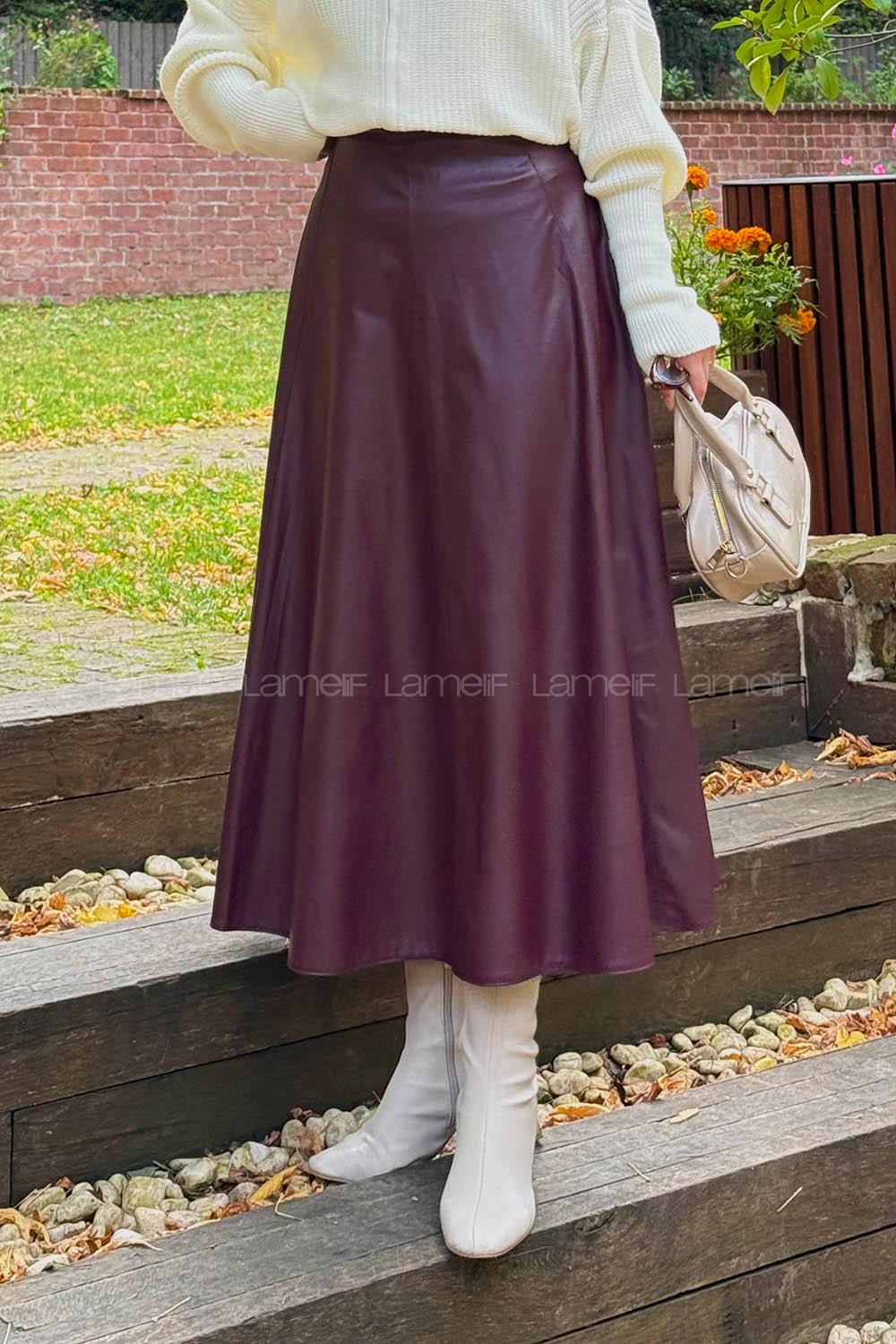 Claret Red Skin Flared Skirt Skirt