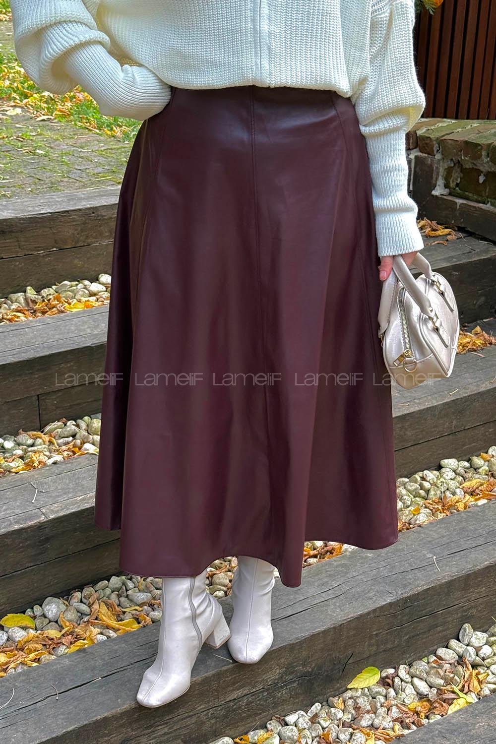 Claret Red Skin Flared Skirt Skirt