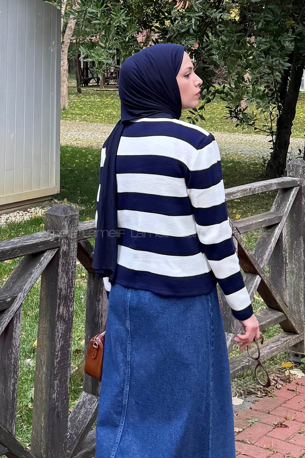 Lamelif Düğme Detaylı Çizgili Hırka Lacivert