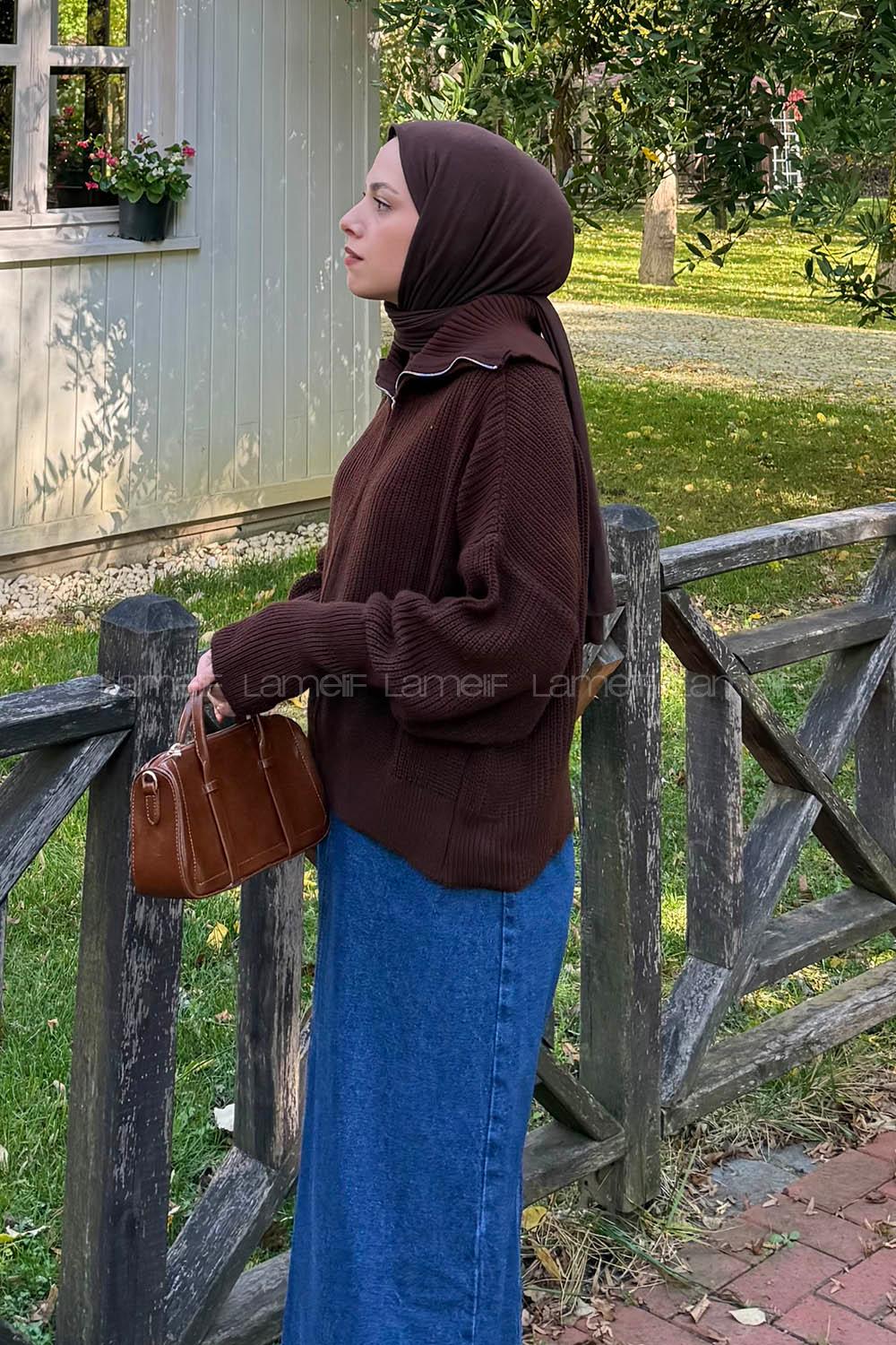 Lamelif Fermuarlı Triko Hırka Acı Kahve