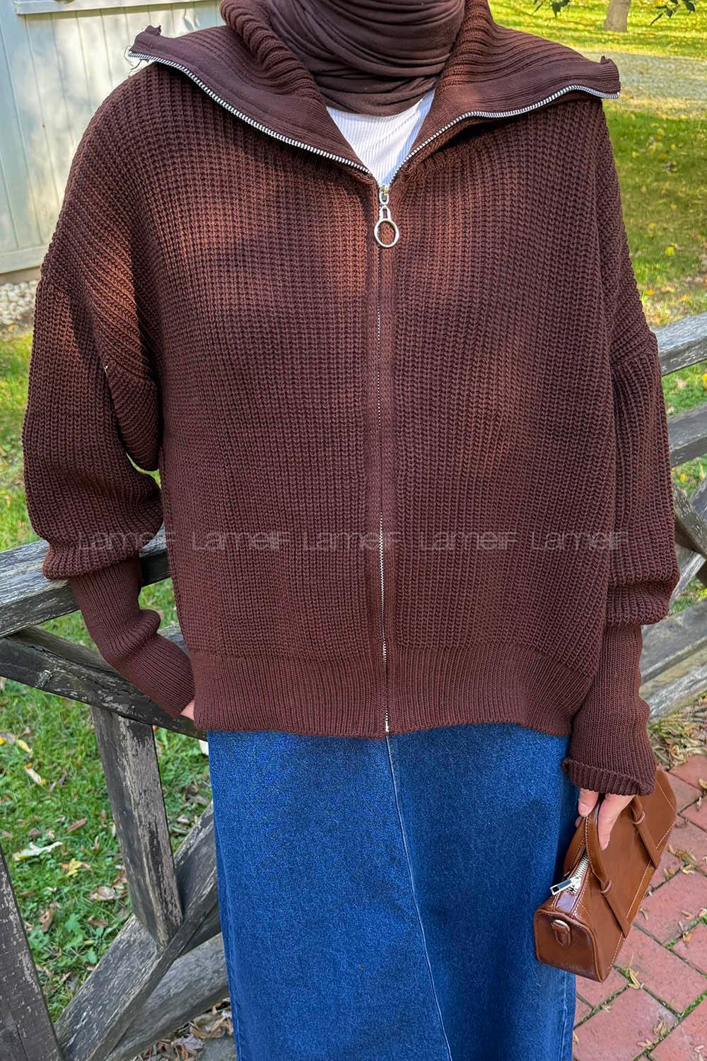 Lamelif Fermuarlı Triko Hırka Acı Kahve