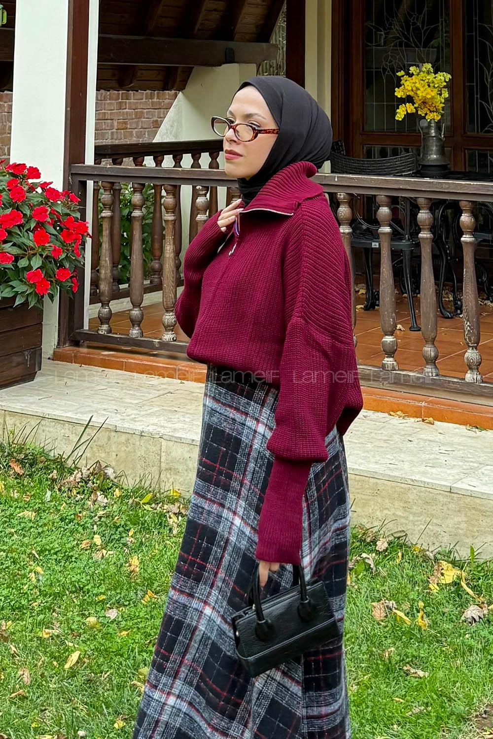 Lamelif Fermuarlı Triko Hırka Bordo