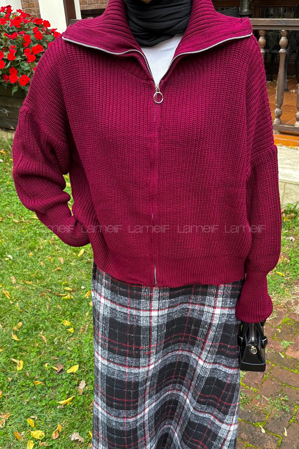 Lamelif Fermuarlı Triko Hırka Bordo