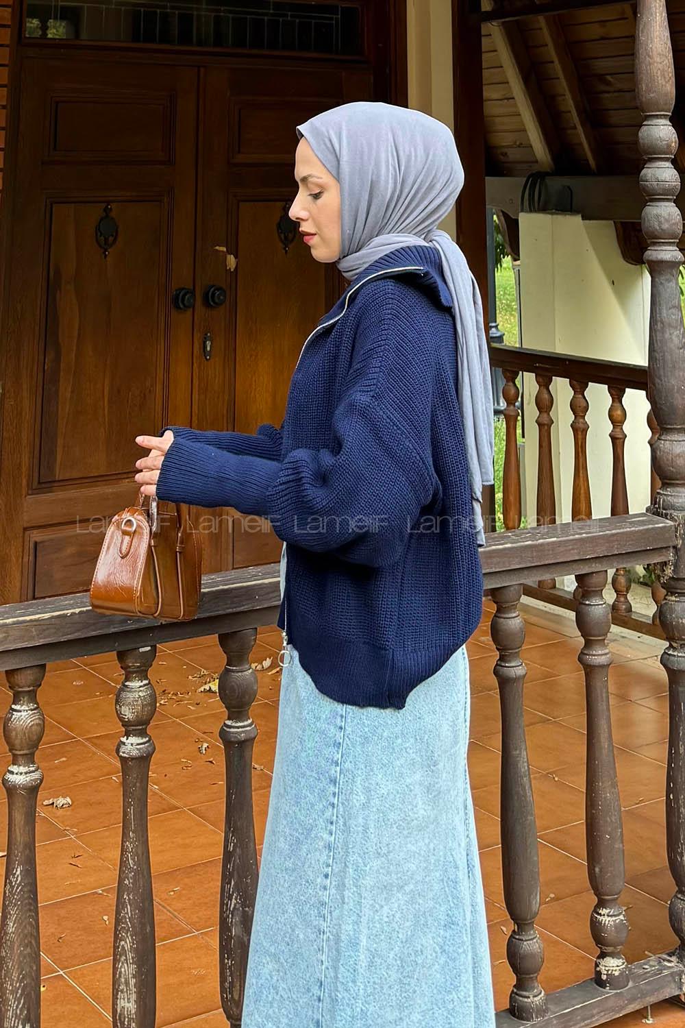 Lamelif Fermuarlı Triko Hırka Lacivert