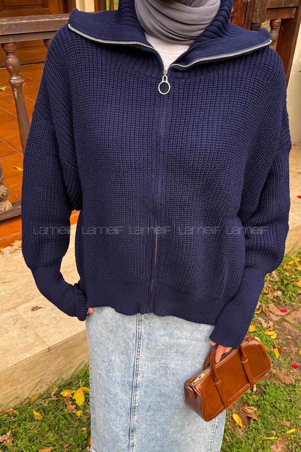 Lamelif Fermuarlı Triko Hırka Lacivert