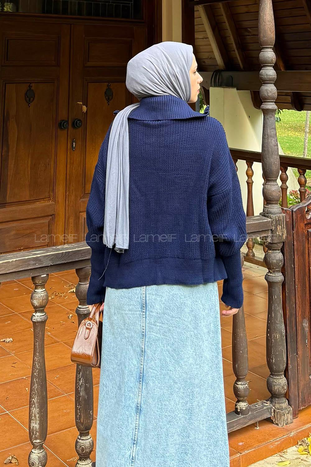 Lamelif Fermuarlı Triko Hırka Lacivert