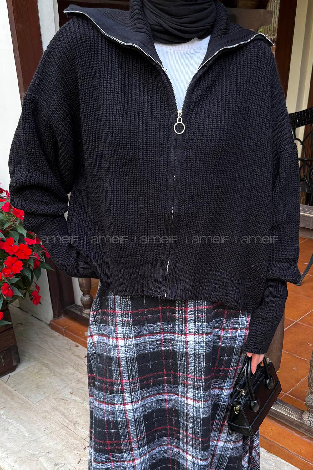 Lamelif Fermuarlı Triko Hırka Siyah