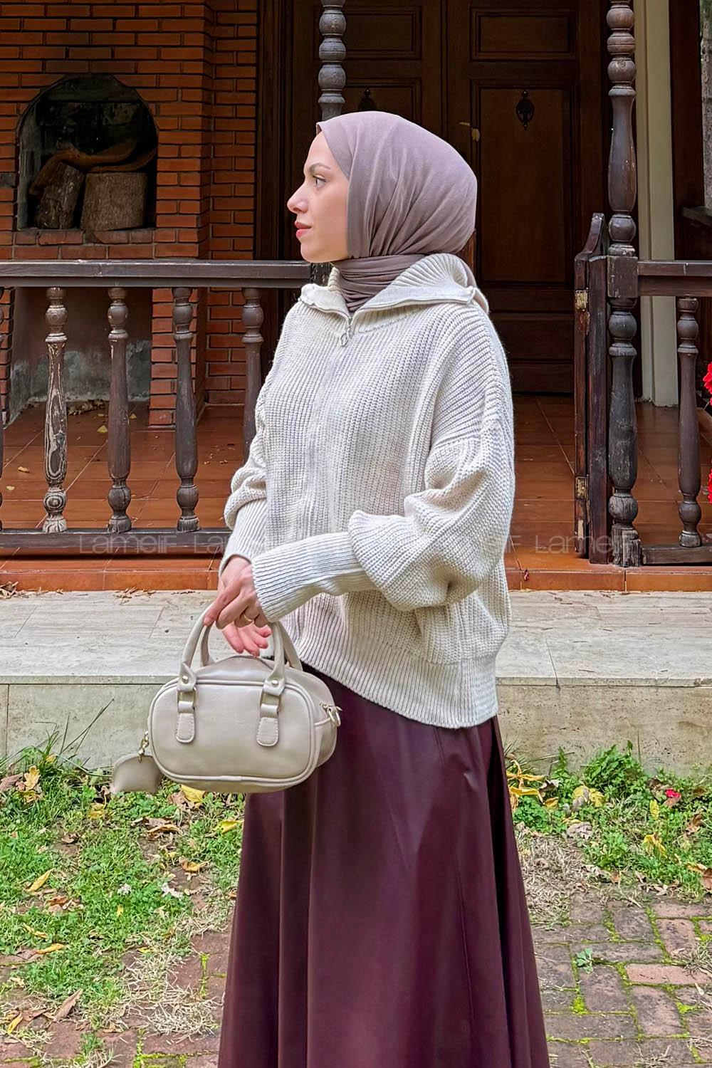 Lamelif Fermuarlı Triko Hırka Taş Rengi