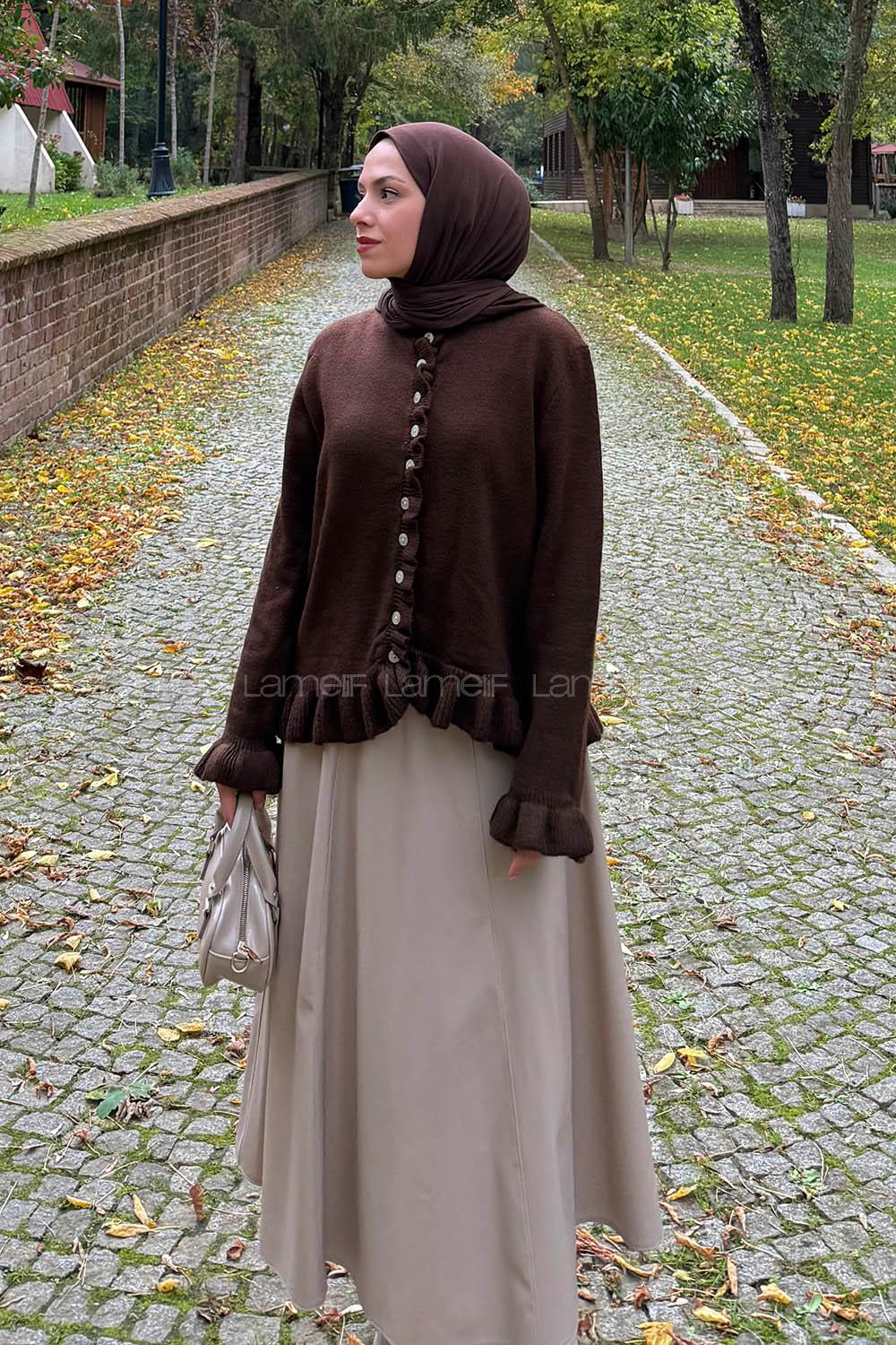 Lamelif Fırfır Detaylı Hırka Acı Kahve