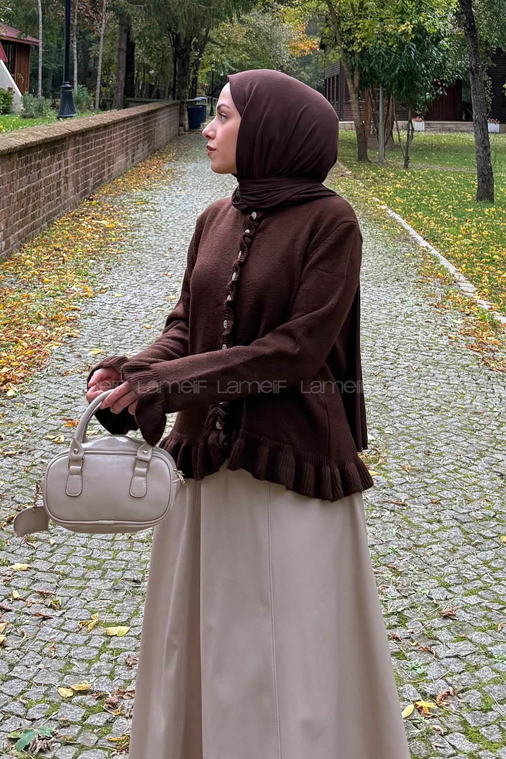 Lamelif Fırfır Detaylı Hırka Acı Kahve