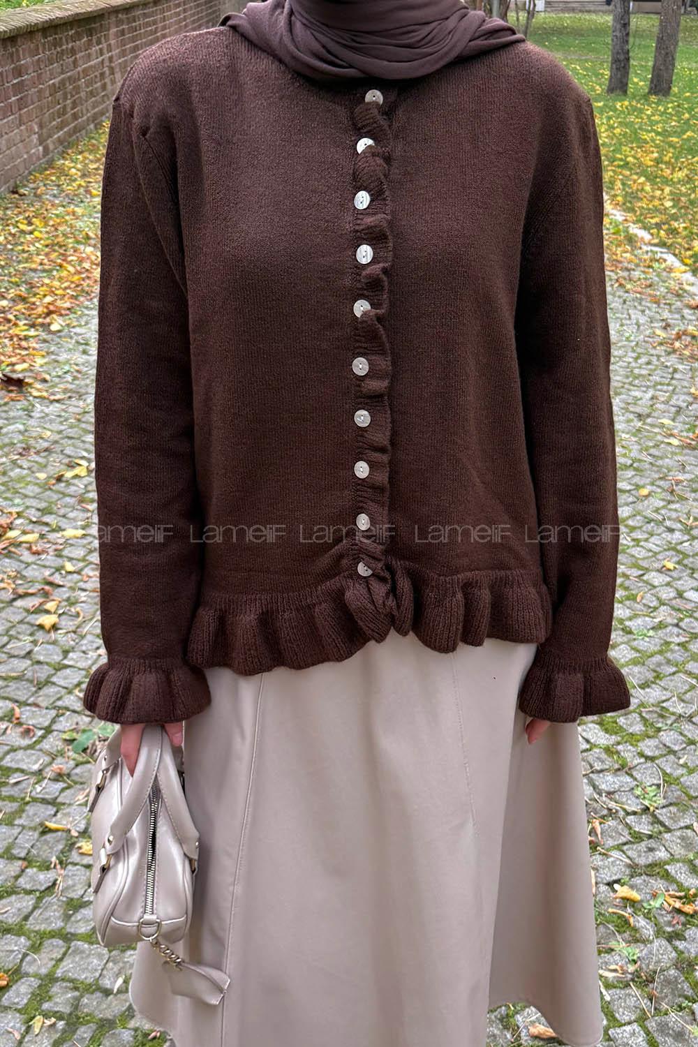 Lamelif Fırfır Detaylı Hırka Acı Kahve