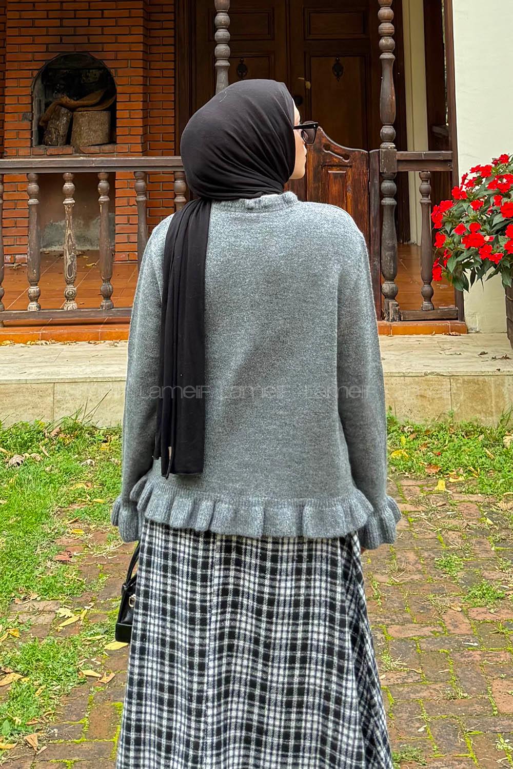 Lamelif Fırfır Detaylı Hırka Gri