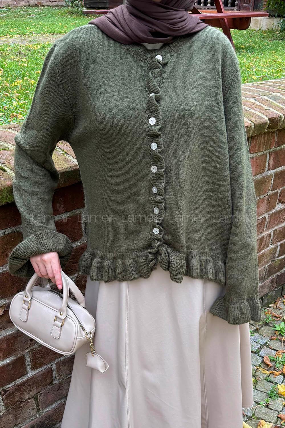 Lamelif Fırfır Detaylı Hırka Haki