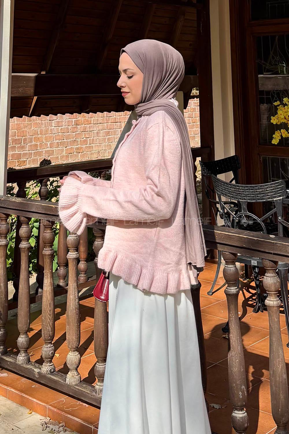 Lamelif Fırfır Detaylı Hırka Pudra