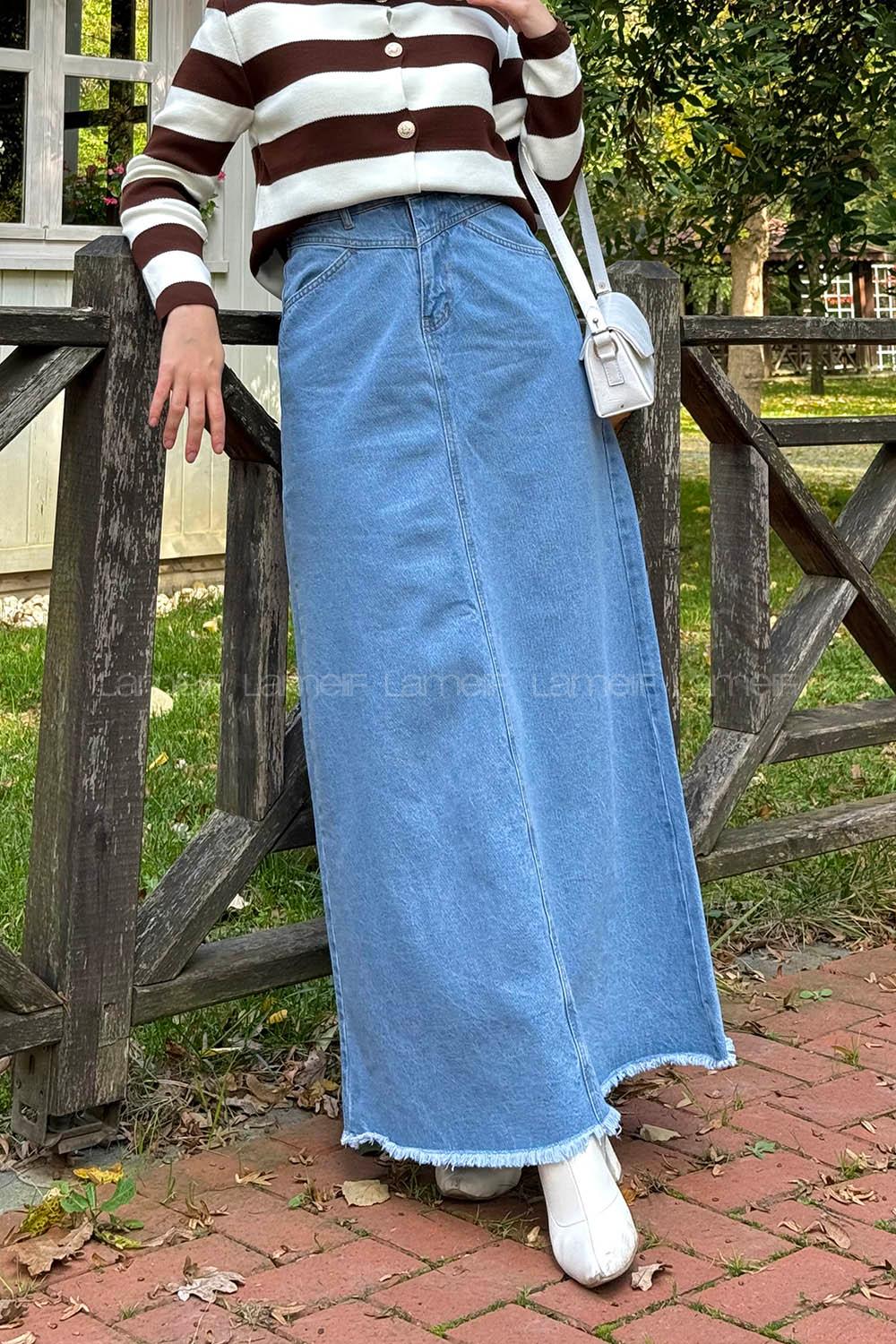 Lamelif Püskül Detaylı Kot Etek Açık Mavi