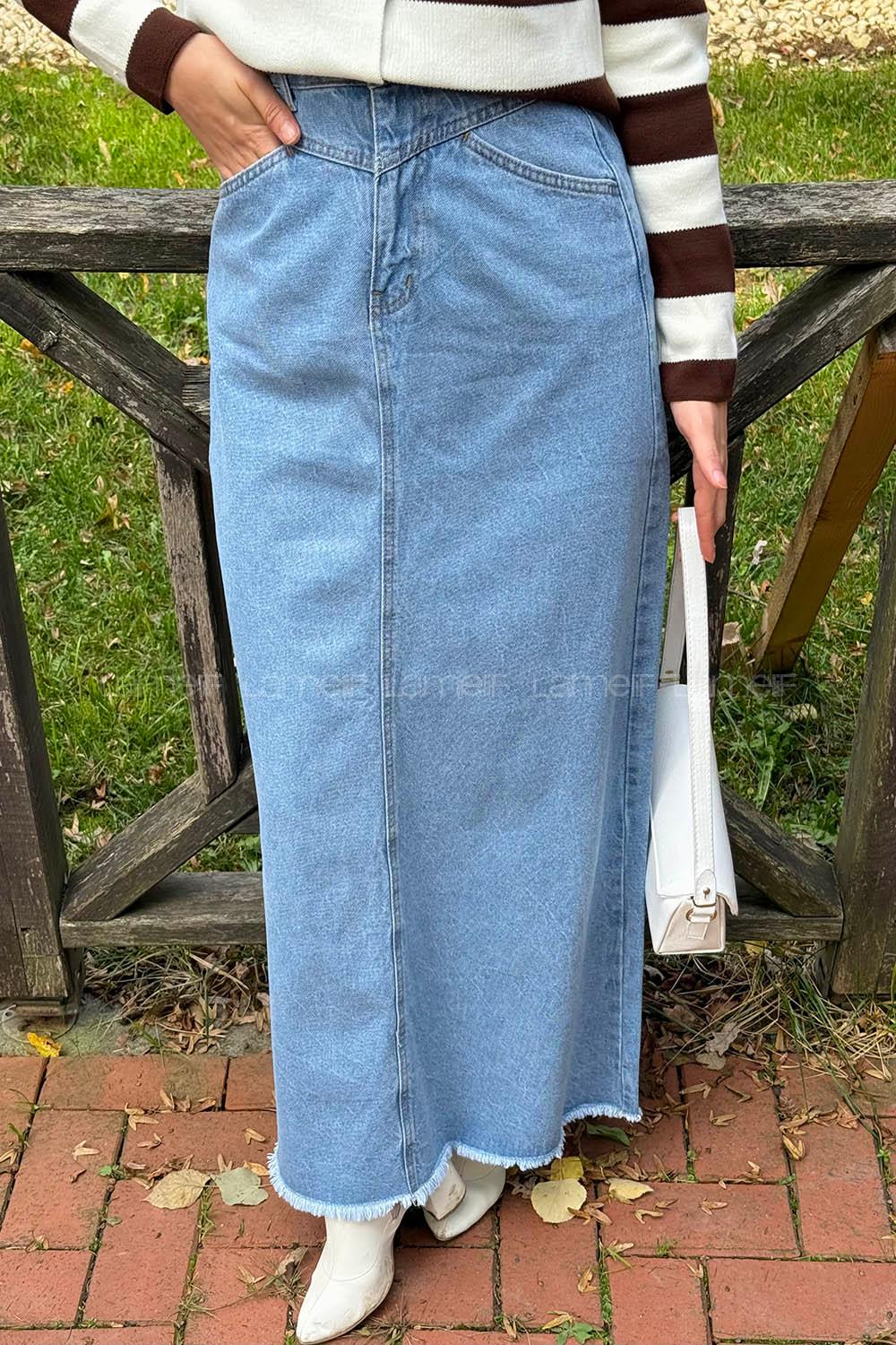 Lamelif Püskül Detaylı Kot Etek Açık Mavi