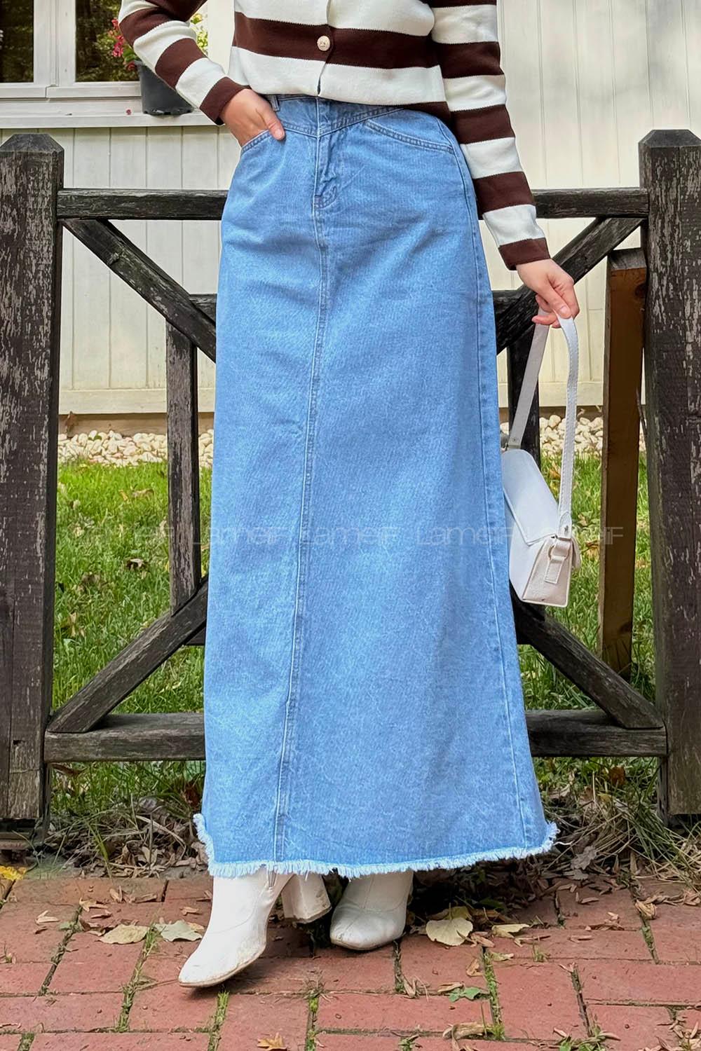 Lamelif Püskül Detaylı Kot Etek Açık Mavi