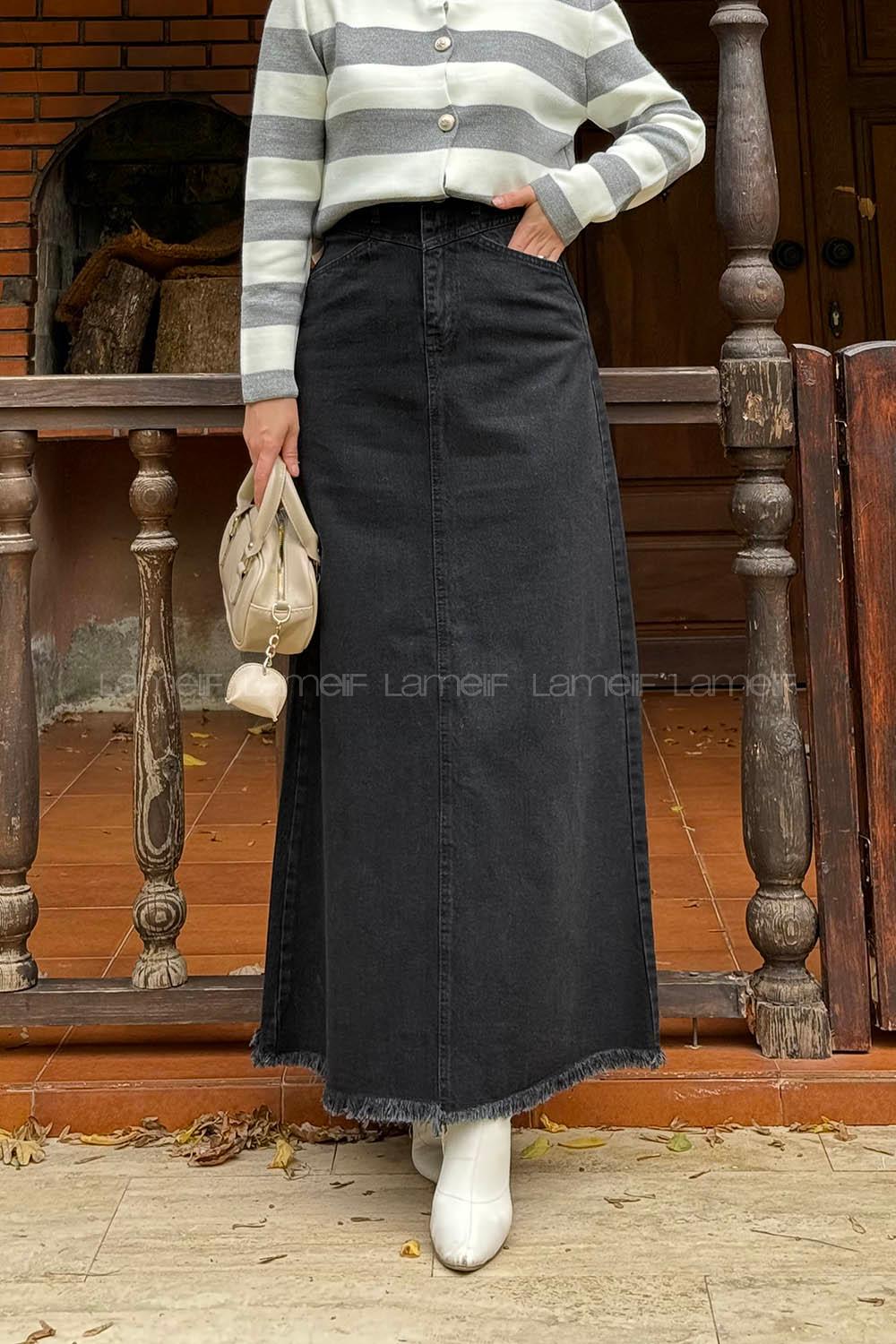 Lamelif Püskül Detaylı Kot Etek Füme