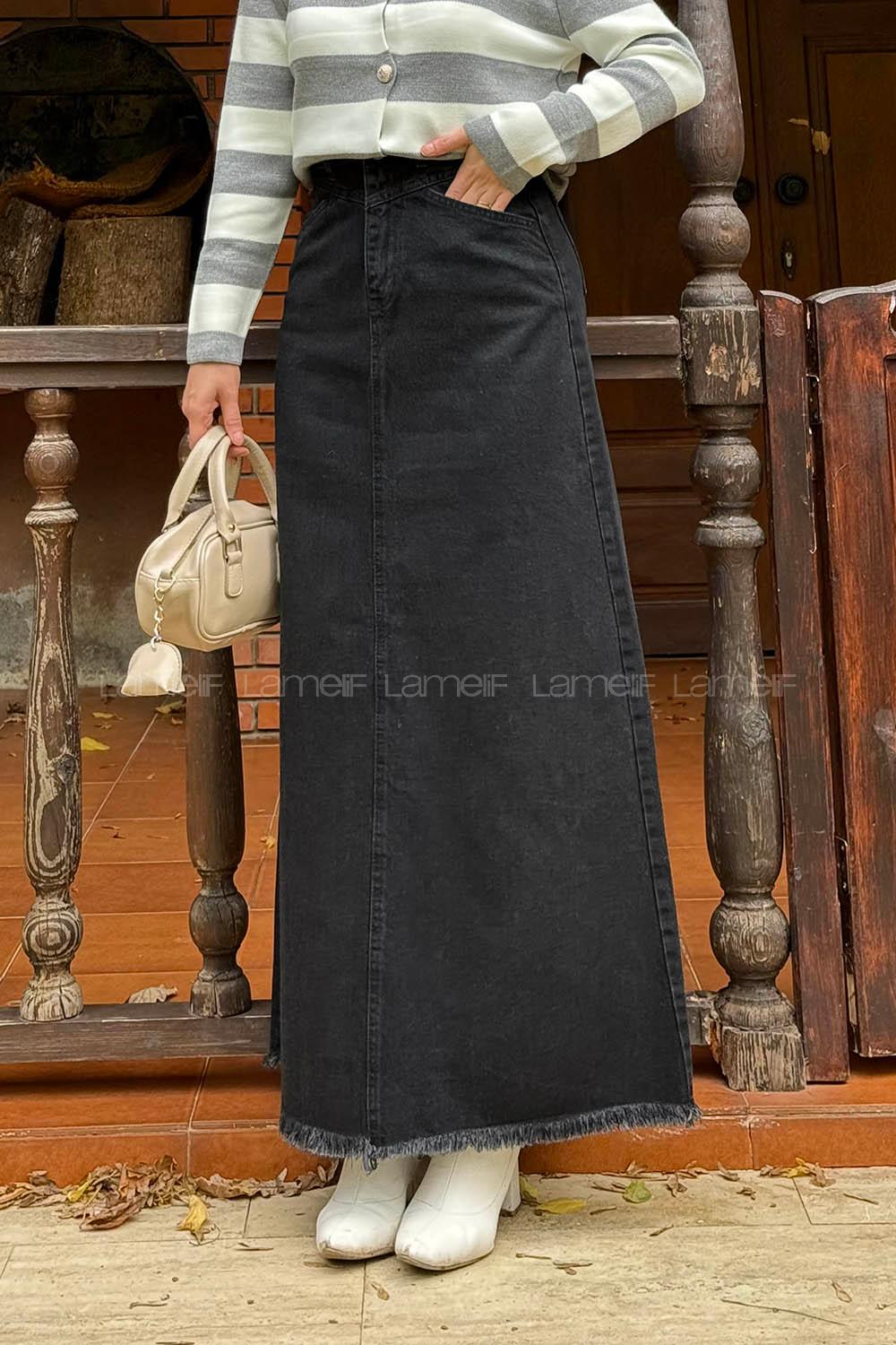 Lamelif Püskül Detaylı Kot Etek Füme