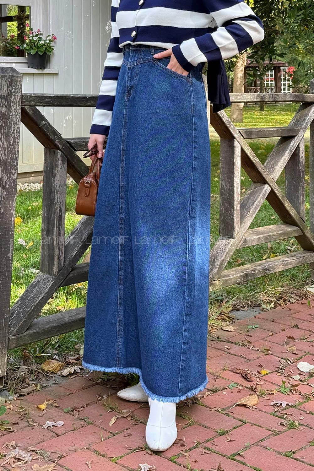 Lamelif Püskül Detaylı Kot Etek Koyu Mavi