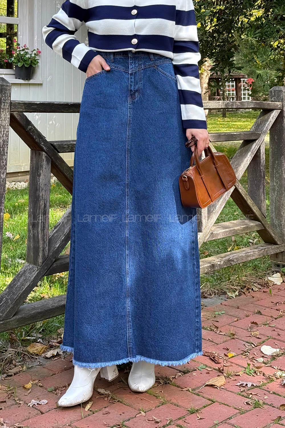 Lamelif Püskül Detaylı Kot Etek Koyu Mavi