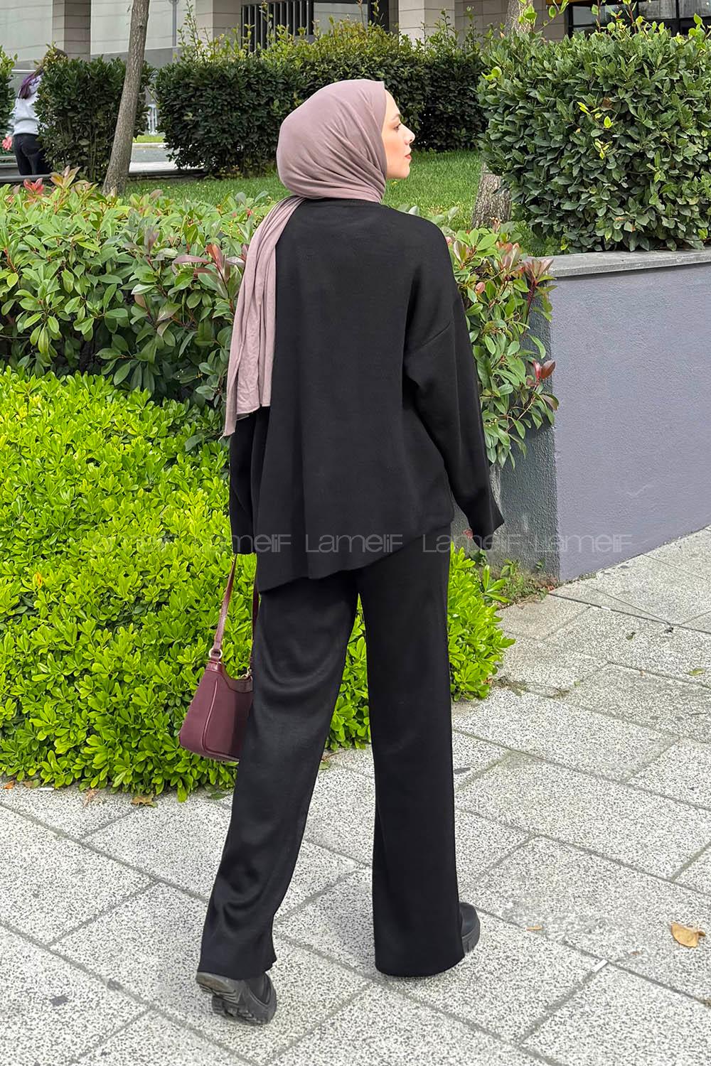 Lamelif Asimetrik Bisiklet Yaka Triko Takım Siyah