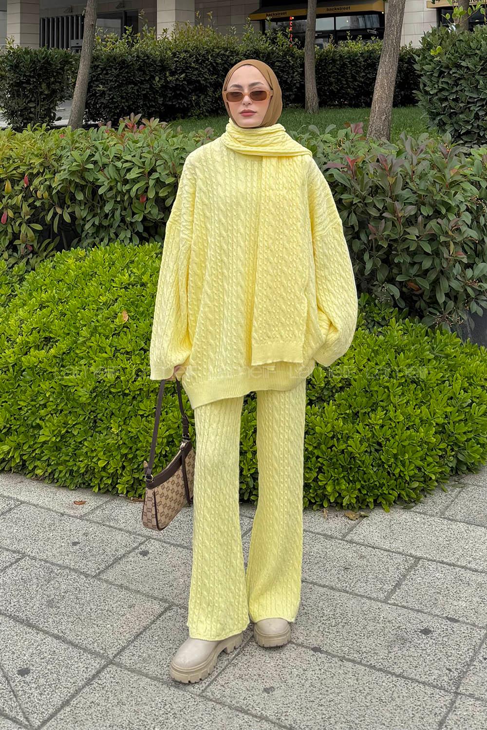 Lamelif Atkılı Örgü Desen İkili Takım Sarı