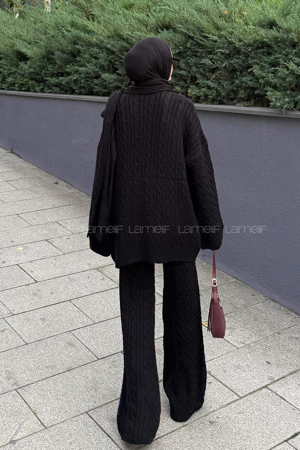 Lamelif Atkılı Örgü Desen İkili Takım Siyah