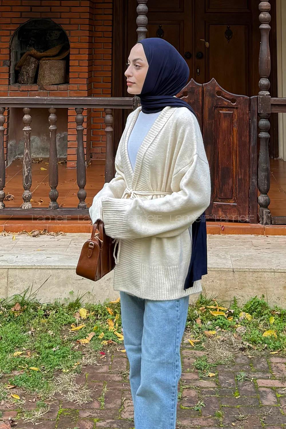 Lamelif Bağlama Detaylı Triko Hırka Krem