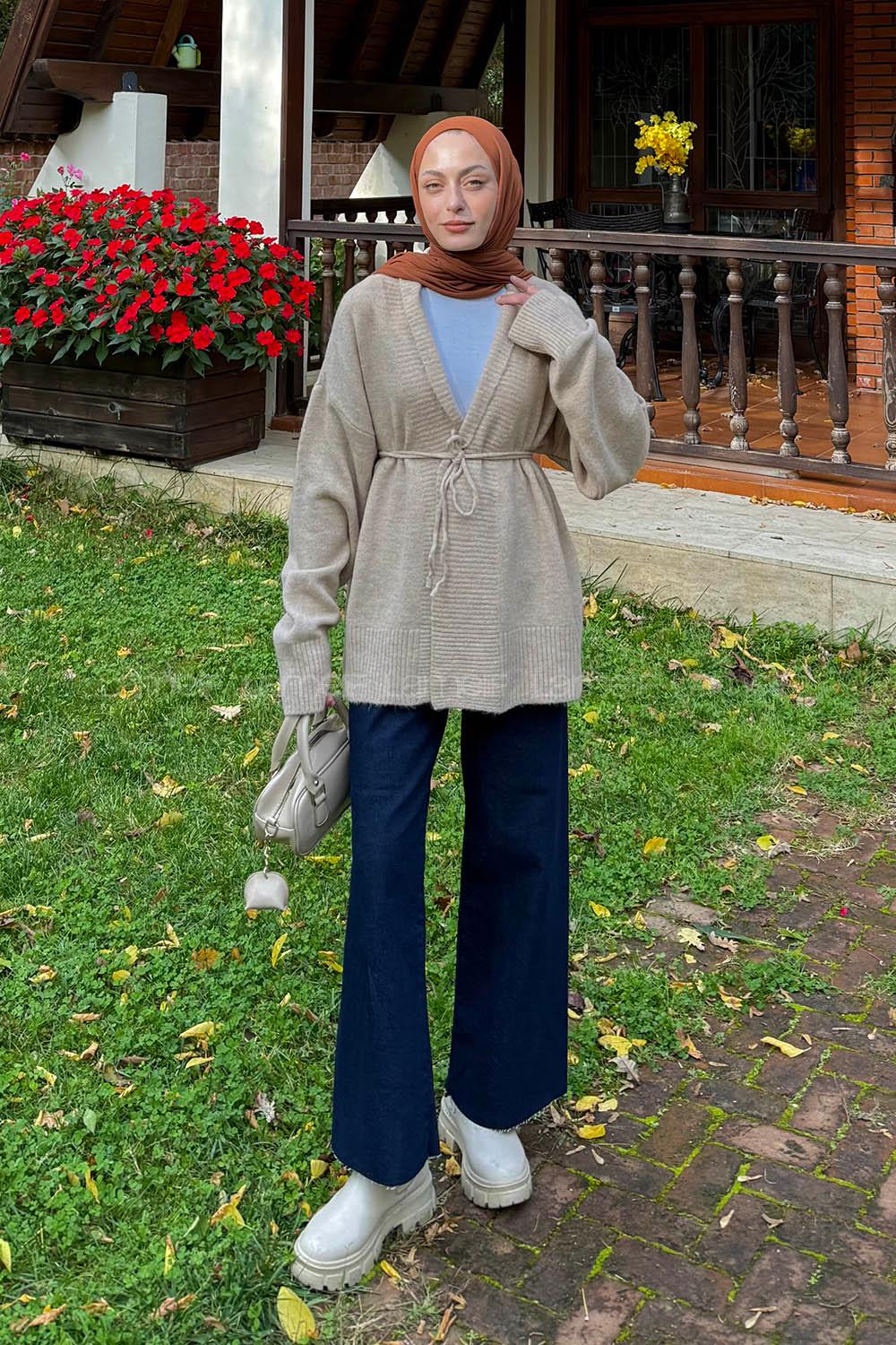 Lamelif Bağlama Detaylı Triko Hırka Taş Rengi