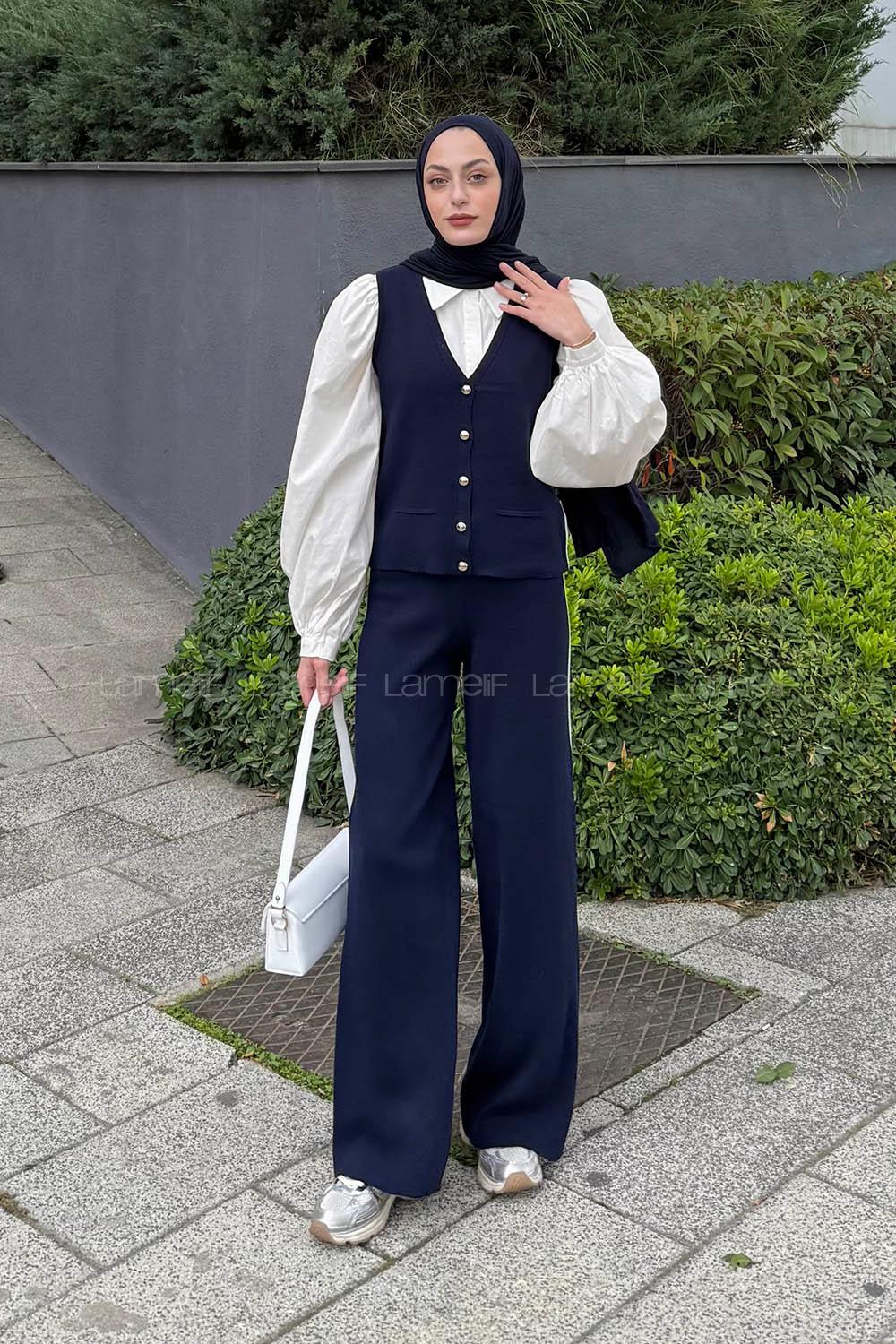 Lamelif Biyeli Yelekli Takım Lacivert