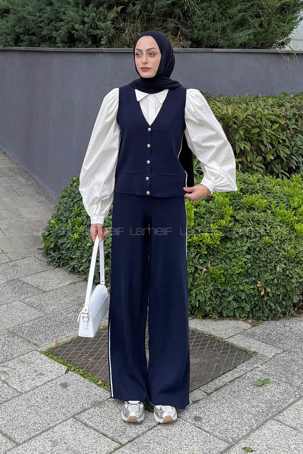 Lamelif Biyeli Yelekli Takım Lacivert