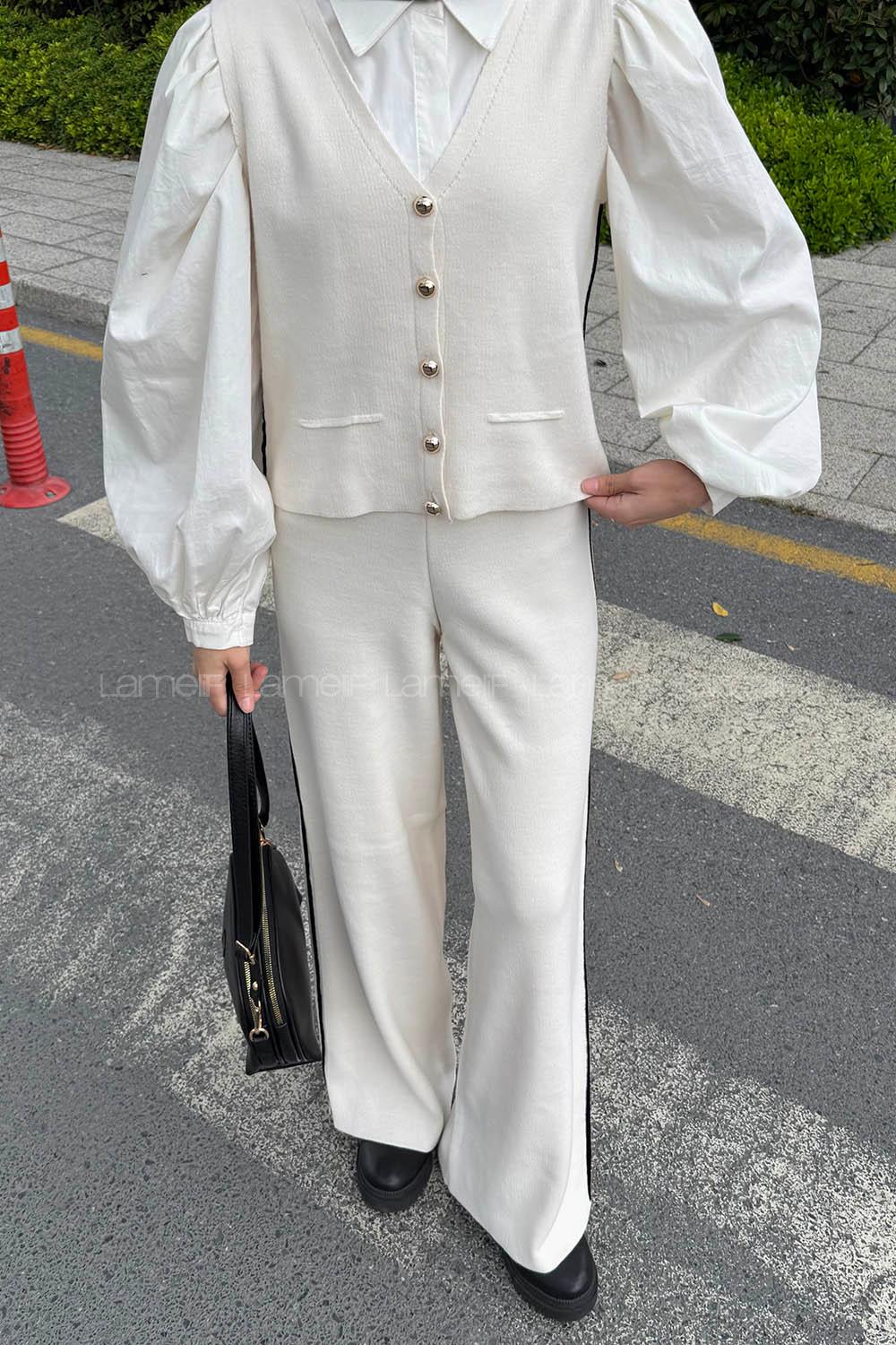 Lamelif Biyeli Yelekli Takım Taş Rengi