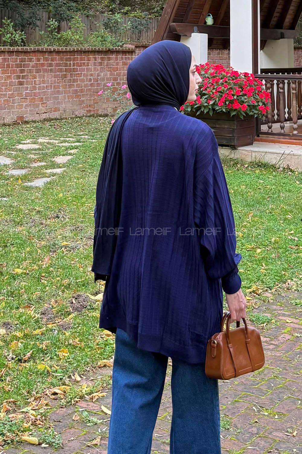 Lamelif Çizgili Triko Kazak Lacivert