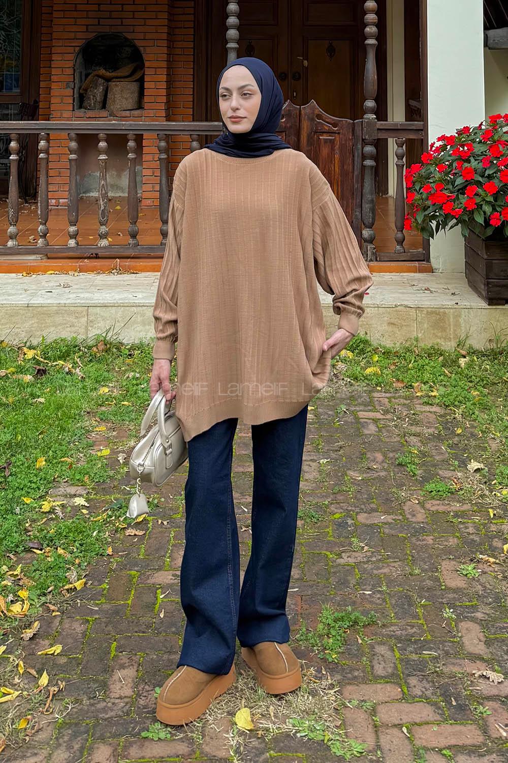 Lamelif Çizgili Triko Kazak Sütlü Kahve