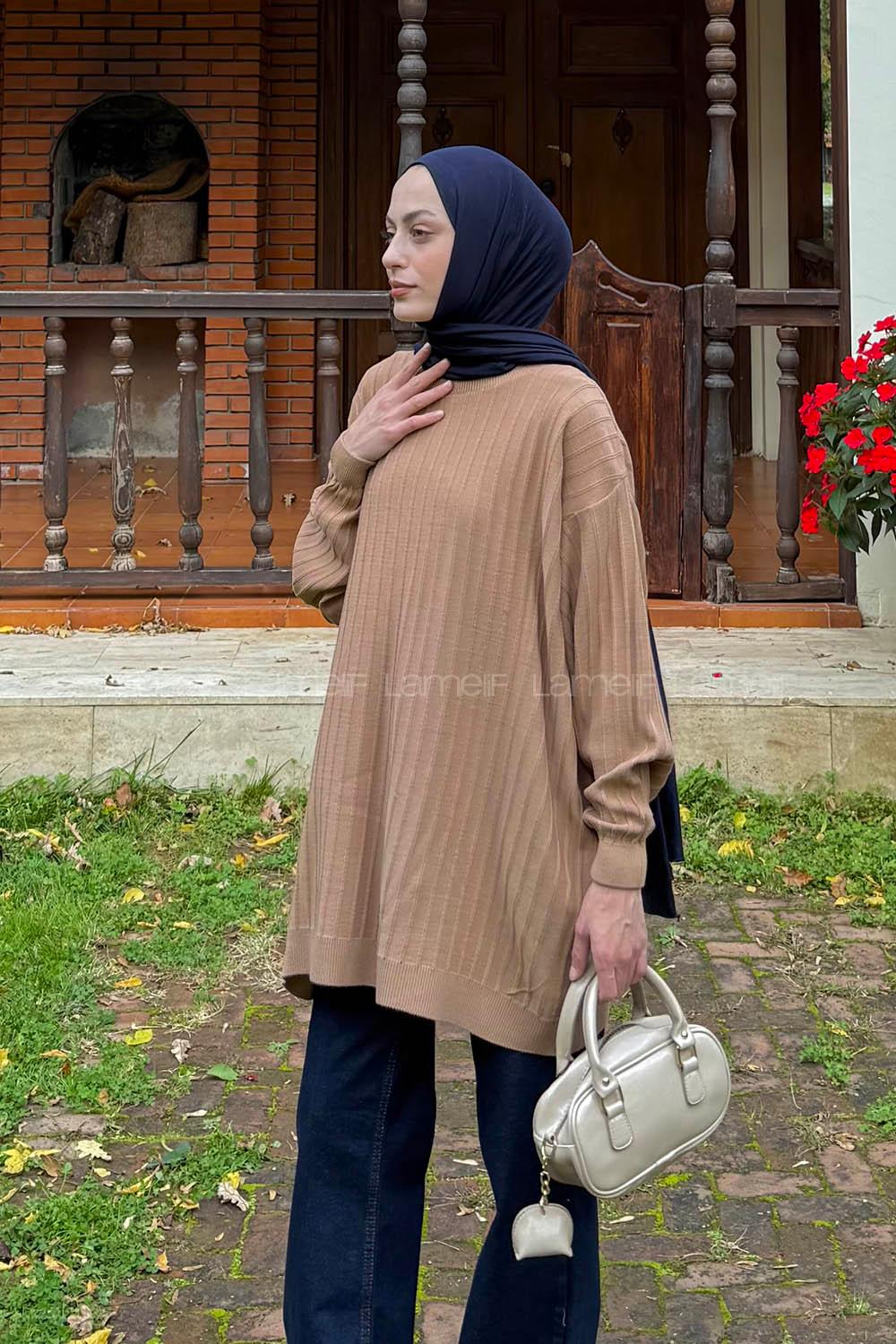 Lamelif Çizgili Triko Kazak Sütlü Kahve