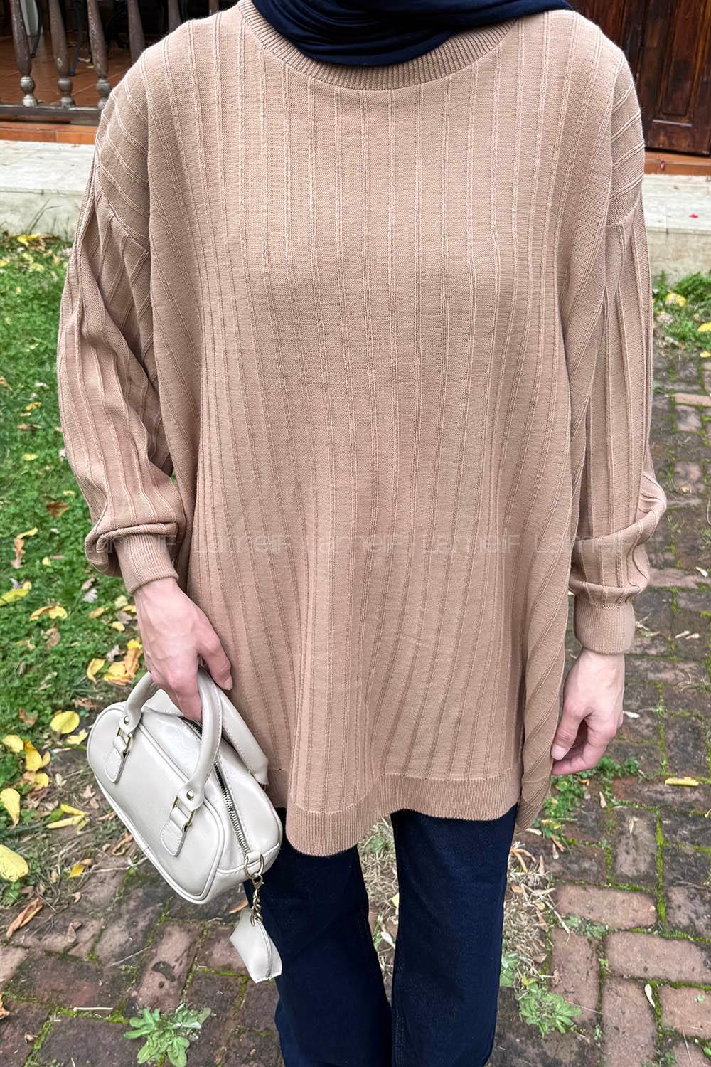 Lamelif Çizgili Triko Kazak Sütlü Kahve