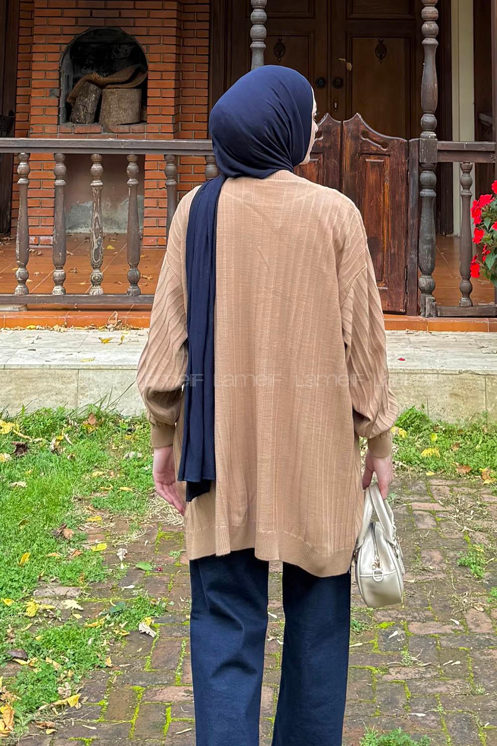 Lamelif Çizgili Triko Kazak Sütlü Kahve