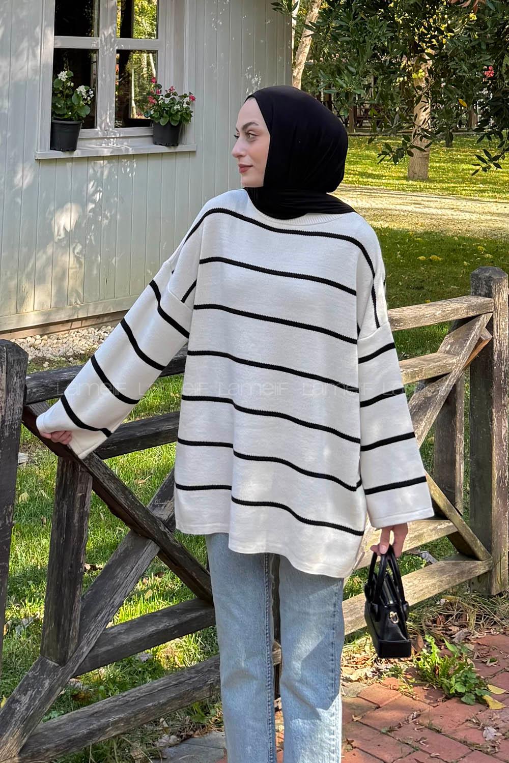 Lamelif Çizgili Uzun Kazak Bej