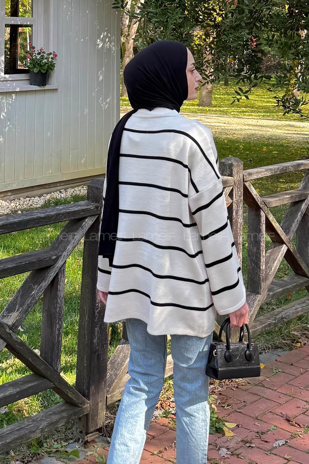 Lamelif Çizgili Uzun Kazak Bej