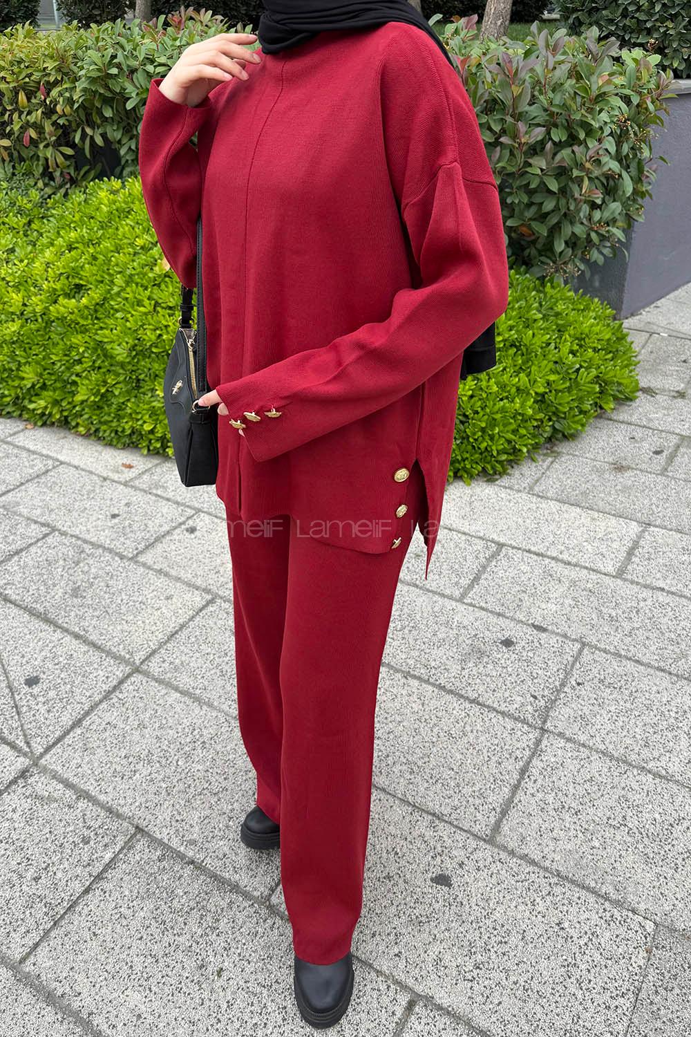 Lamelif Düğme Detaylı Triko Takım Bordo