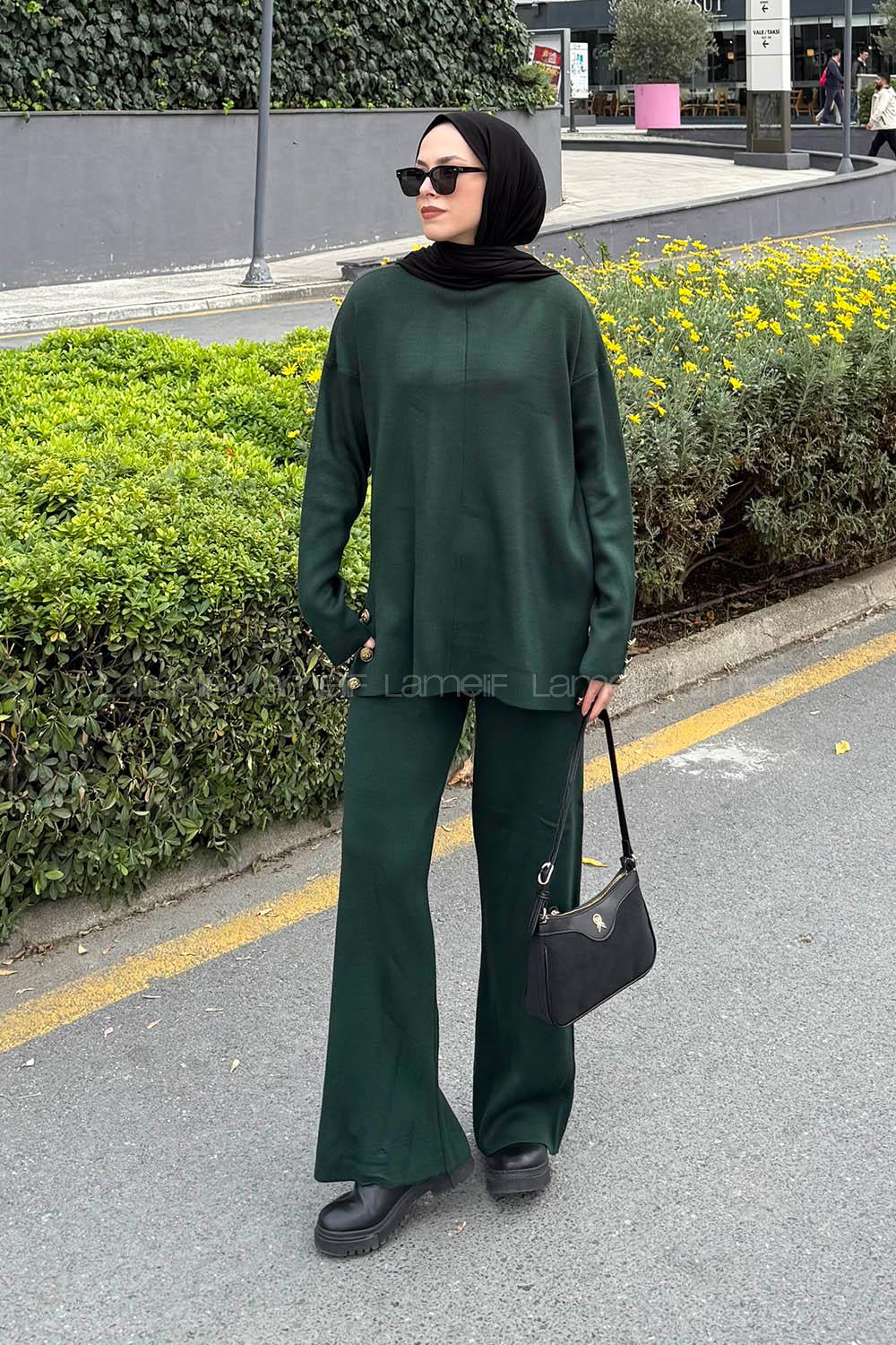 Lamelif Düğme Detaylı Triko Takım Zümrüt