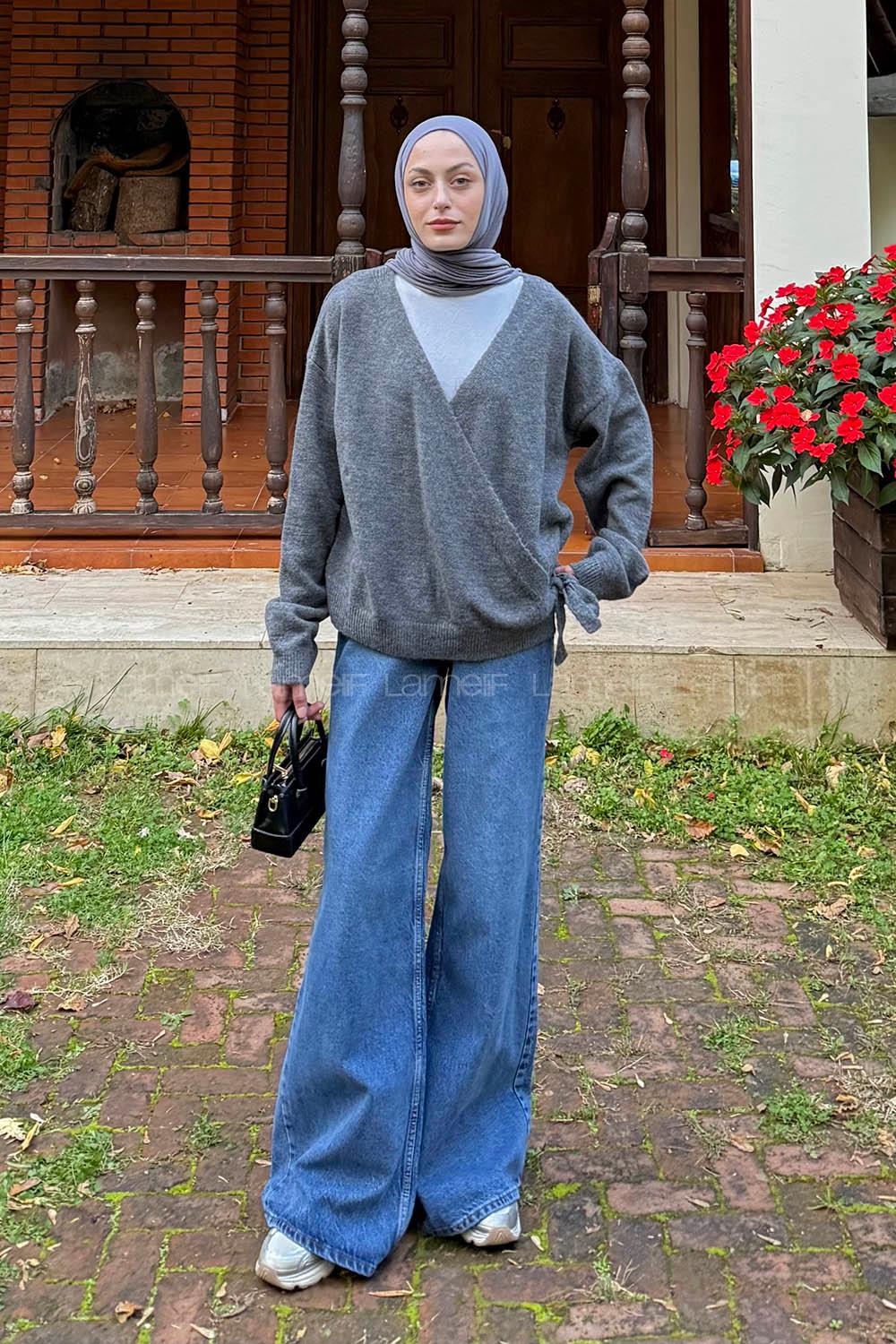 Anthracite V Neck Long Arm Acrylic Polyester Cardigan