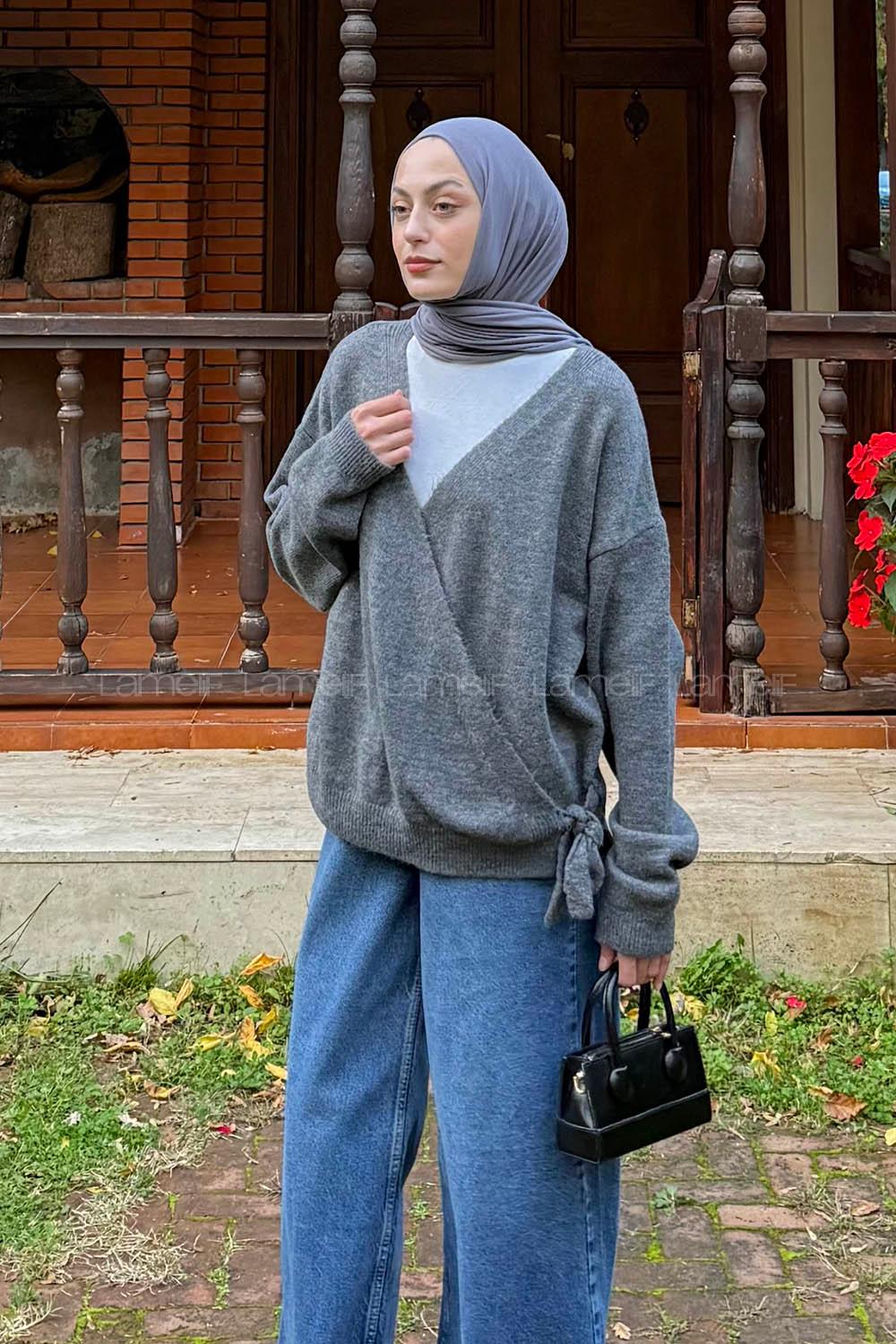 Anthracite V Neck Long Arm Acrylic Polyester Cardigan