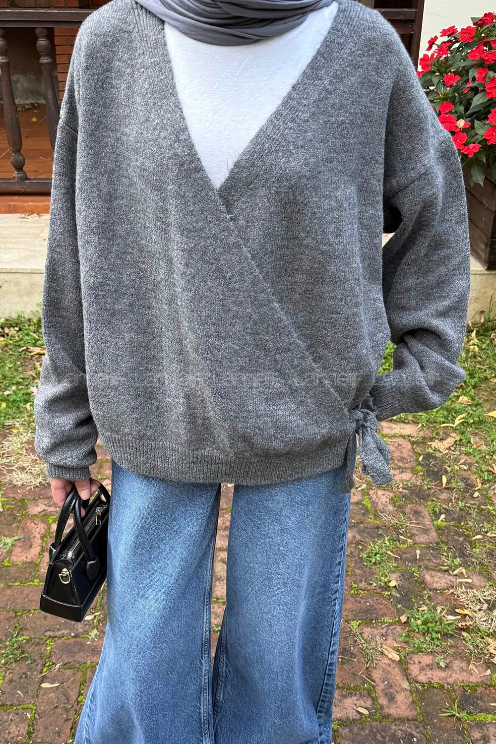 Anthracite V Neck Long Arm Acrylic Polyester Cardigan